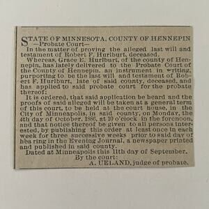 Last Will & Testament RF Hurlburt Hennepin MN 1886 Minneapolis Clipping SAI8-S9